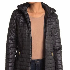 Via Spiga Quilted Box Stitch Hooded Coat,Black NWT